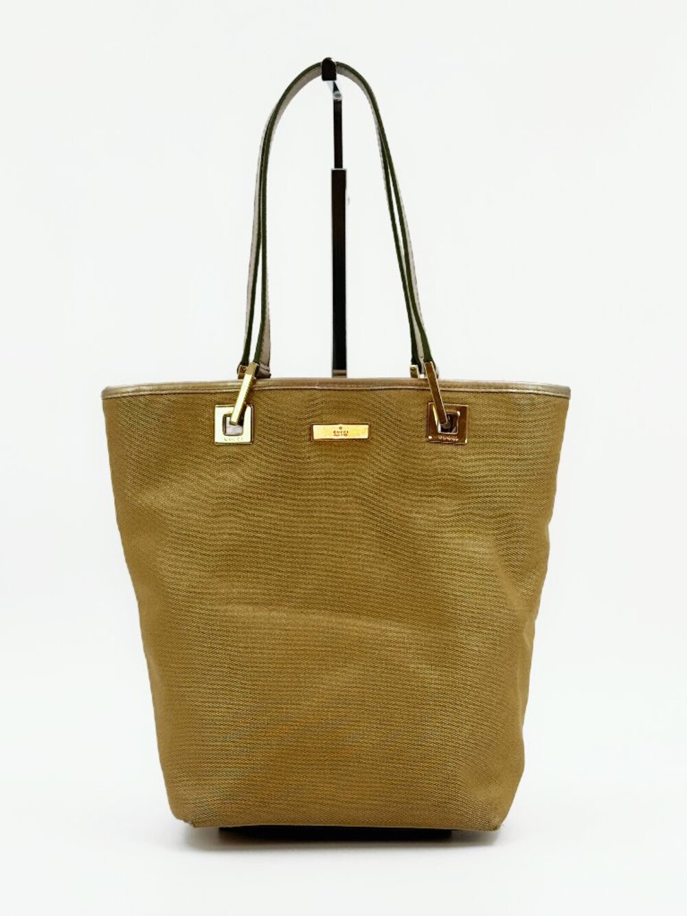 Gucci Eclipse Light Gold Canvas Tote Bag Leather Trim Shoulder Shopper
